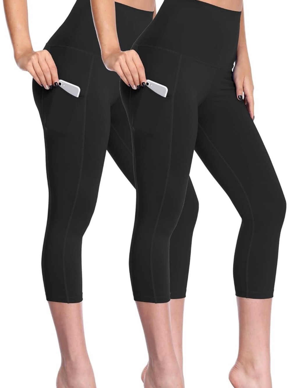 High-Rise Black Capri Leggings with Side Phone Pocket set of 2